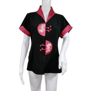 Vintage Short Sleeve Collar Japanese Uniform Tee Shirt Black Pink Women's Small